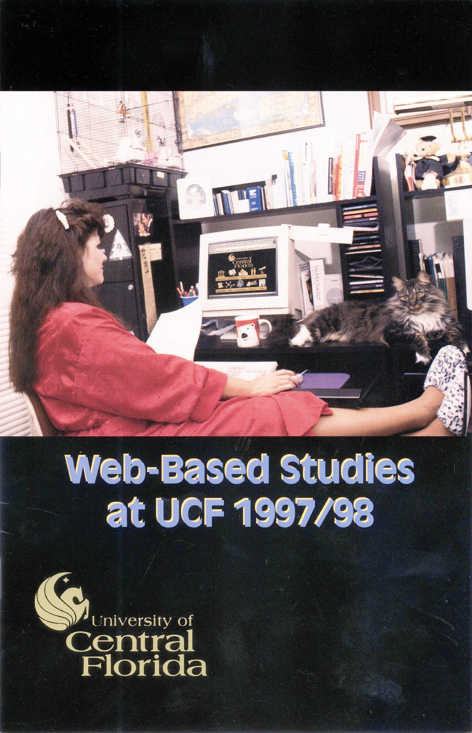 An early brochure for online courses featuring Barbara in slippers with her cat at her side.