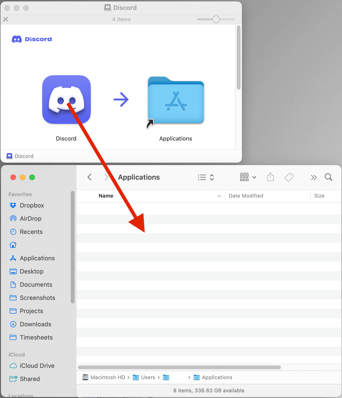 Showing the process of dragging the application icon into the Applications folder.