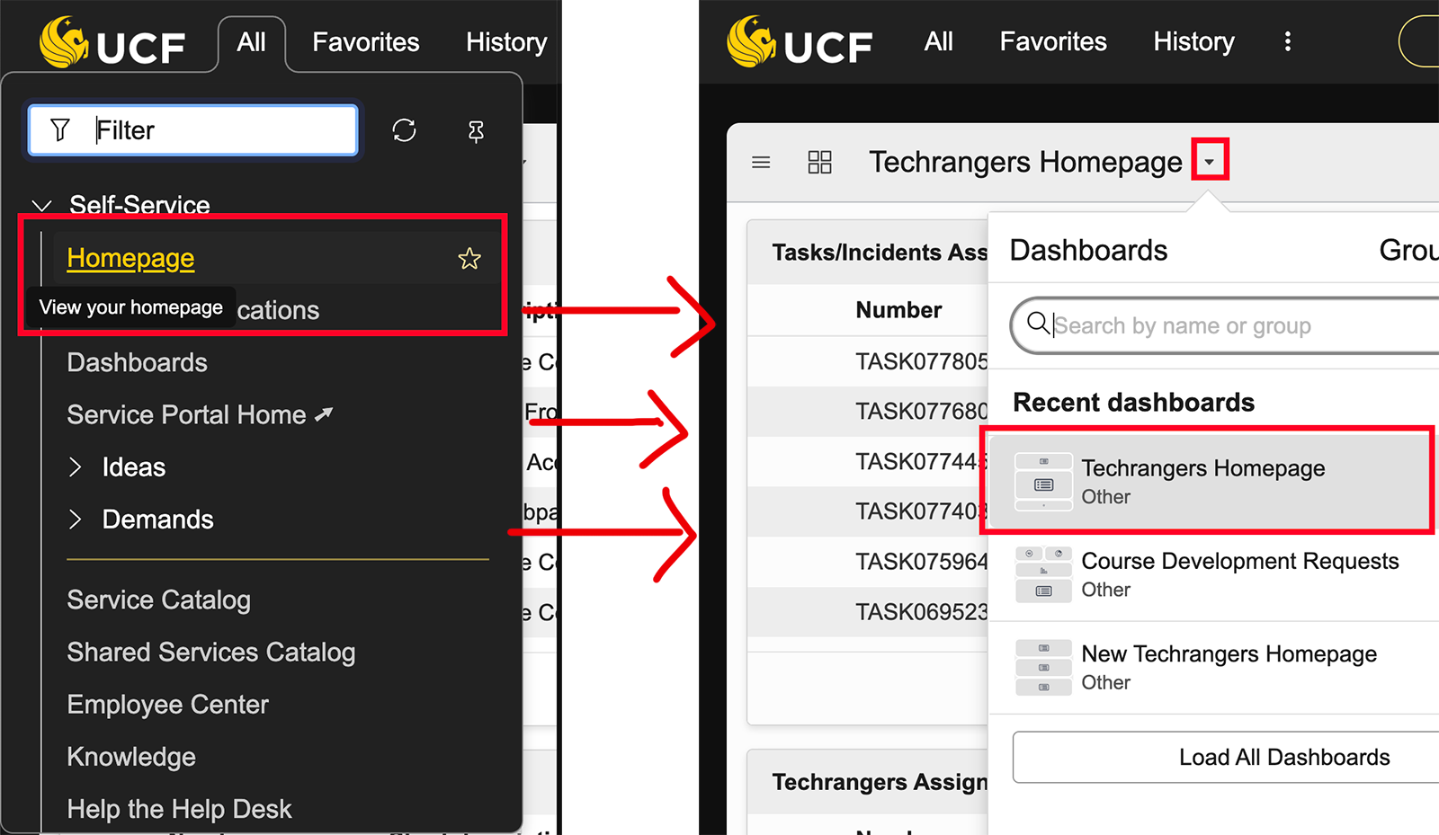 How to navigate to the Techrangers Homepage in ServiceNow.